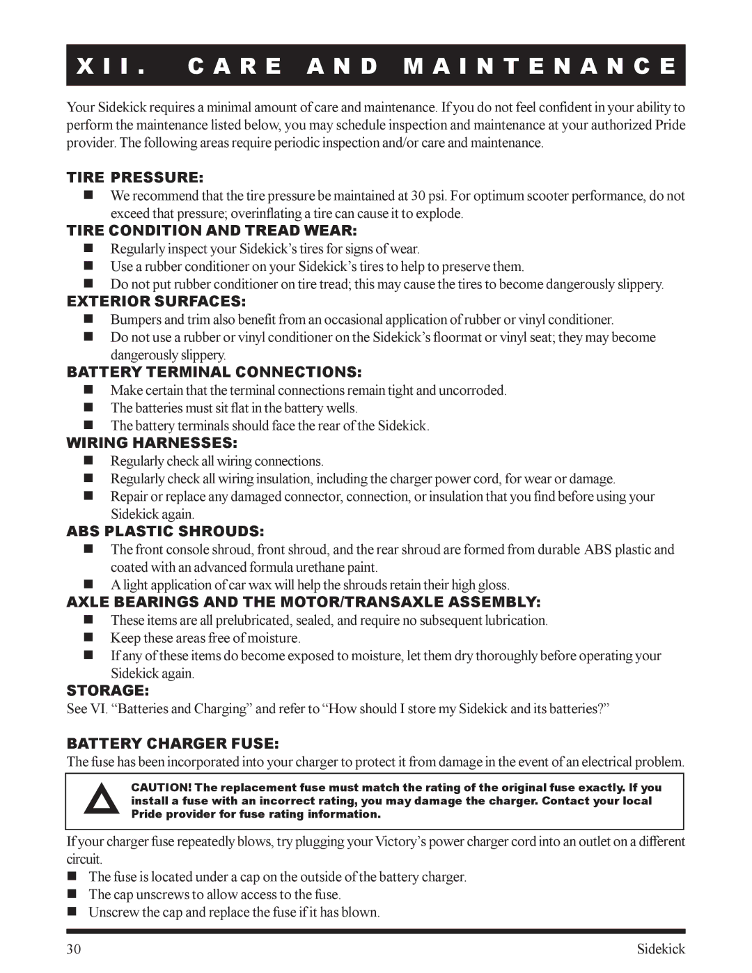 Pride Mobility Sidekick manual I . C a R E a N D M a I N T E N a N C E 