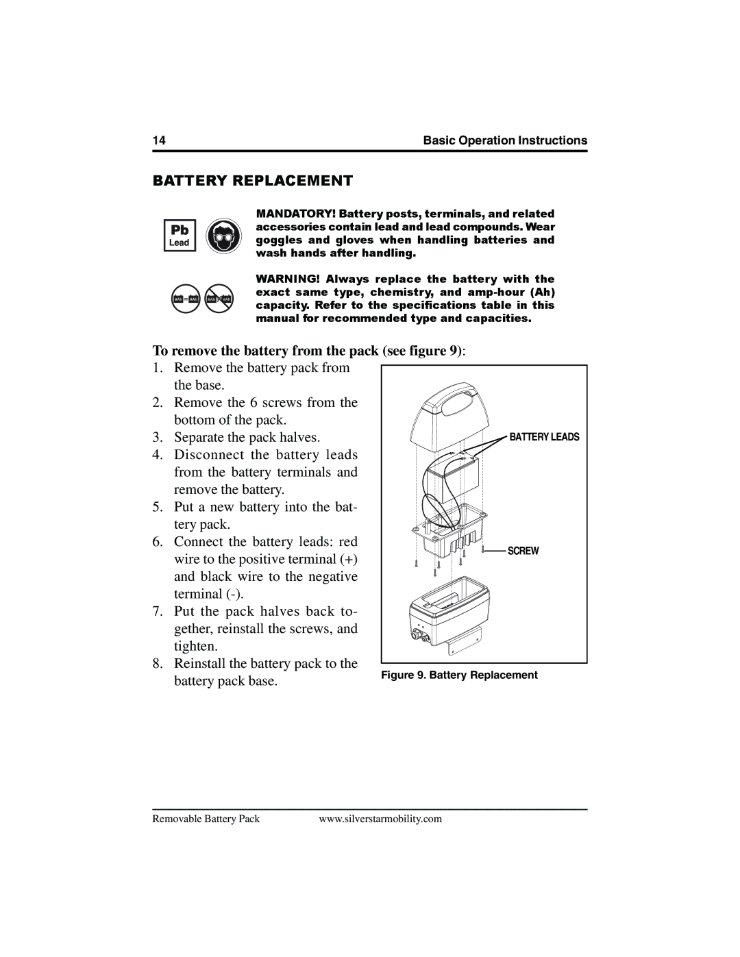 Pride Mobility SilverStar manual Battery Replacement, To remove the battery from the pack see figure 