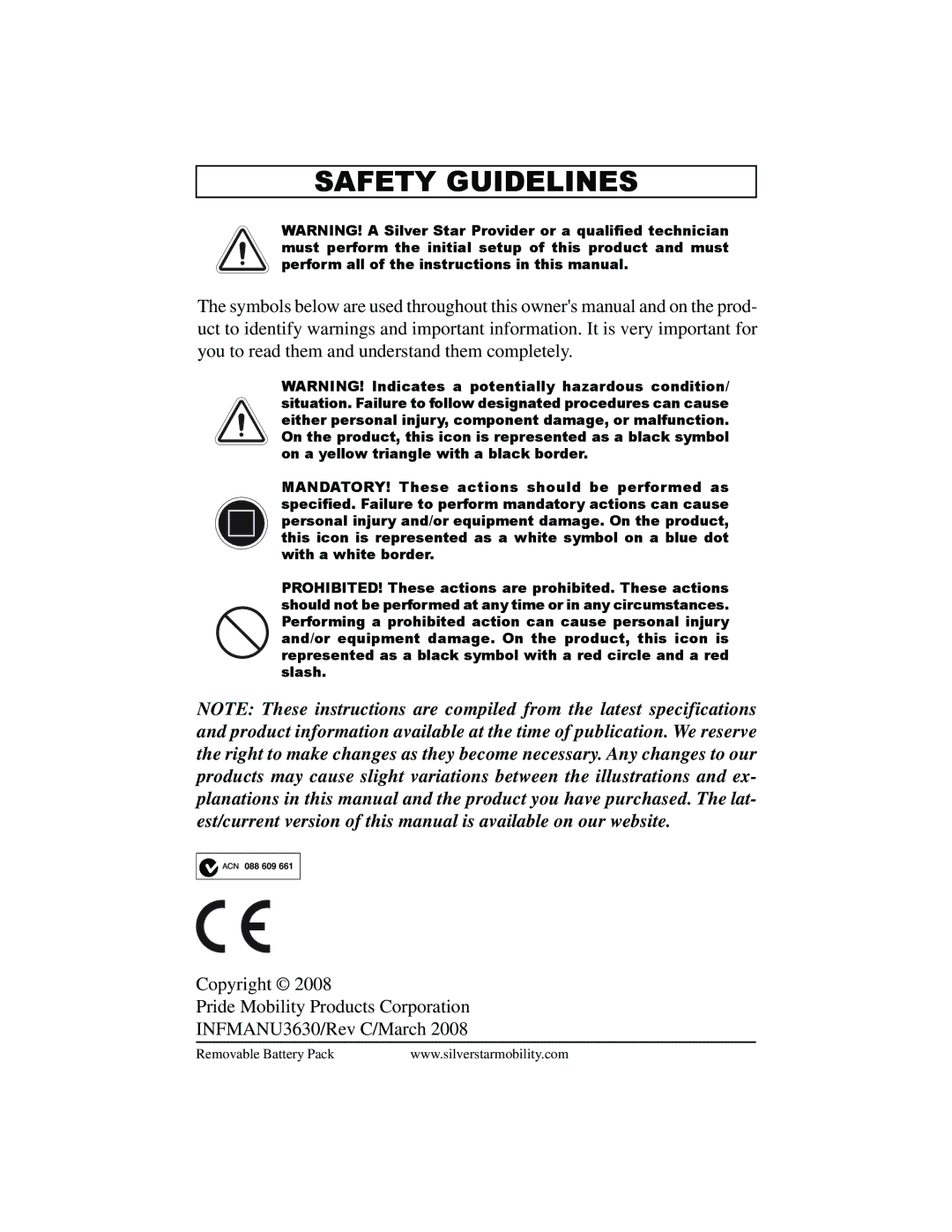 Pride Mobility SilverStar manual Safety Guidelines 