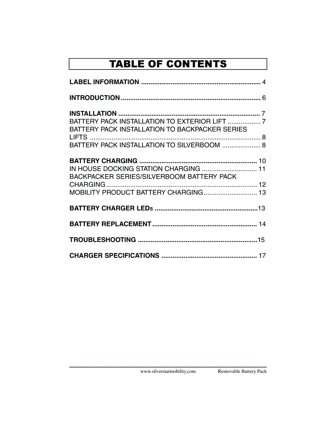 Pride Mobility SilverStar manual Table of Contents 