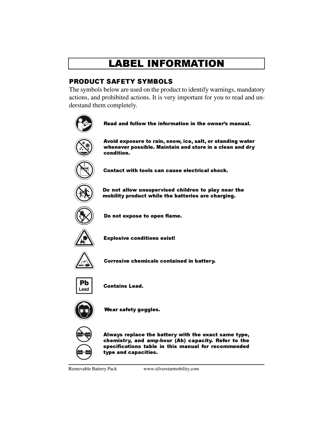 Pride Mobility SilverStar manual Label Information, Product Safety Symbols 