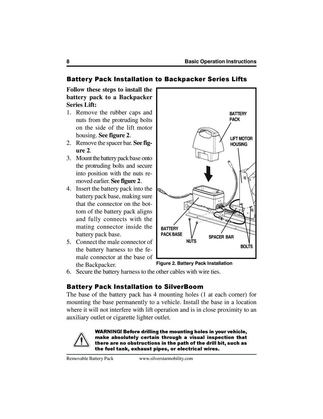 Pride Mobility SilverStar manual Battery Pack Installation to Backpacker Series Lifts, Housing. See figure, Ure 