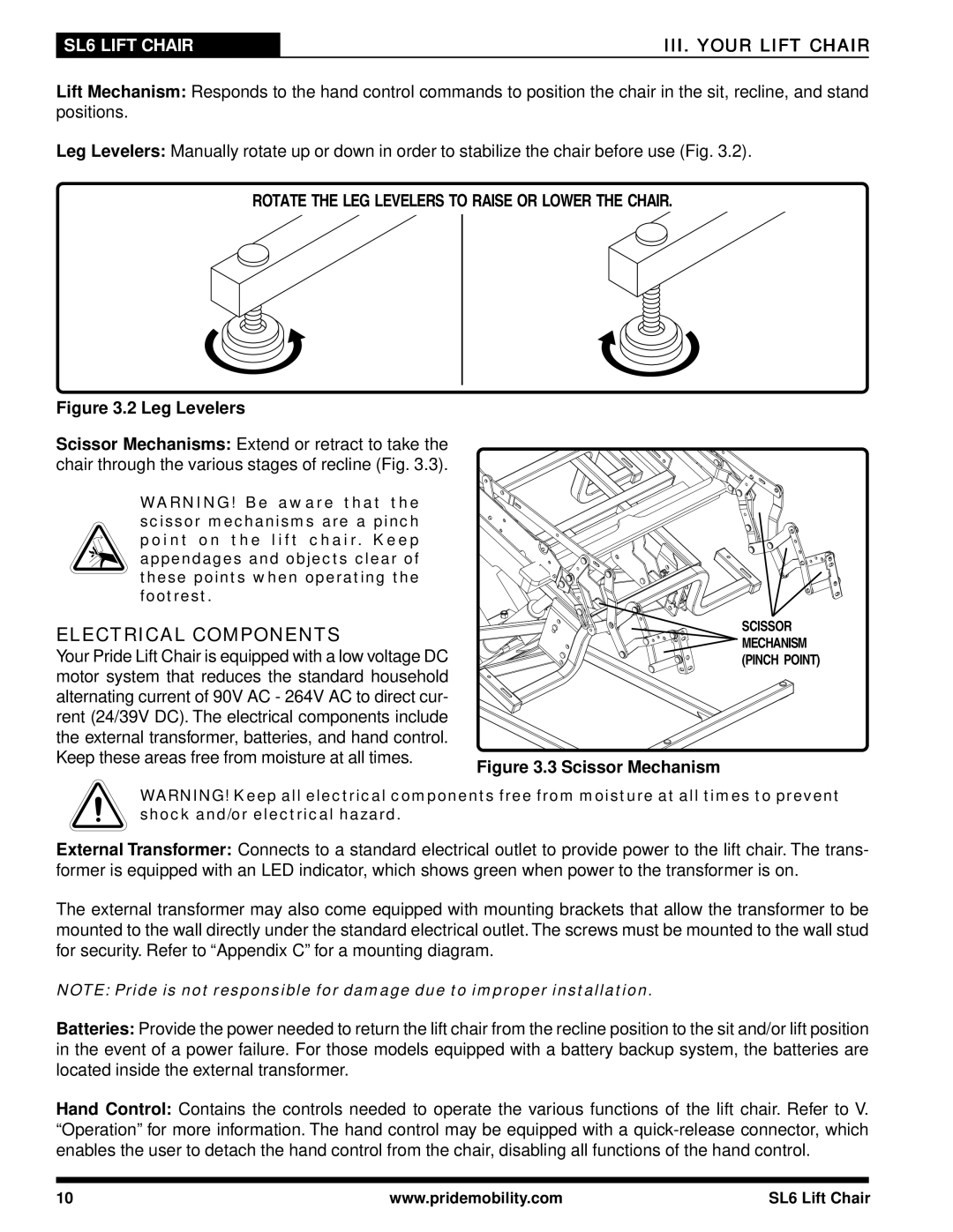 Pride Mobility manual Electrical Components, SL6 Lift Chair III. Your Lift Chair 