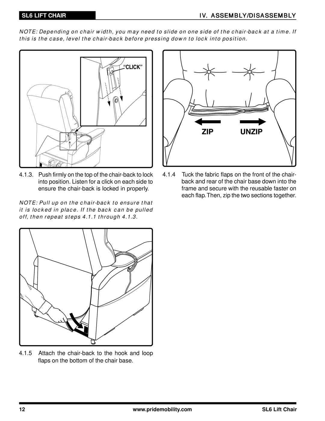 Pride Mobility manual SL6 Lift Chair IV. ASSEMBLY/DISASSEMBLY, Click 