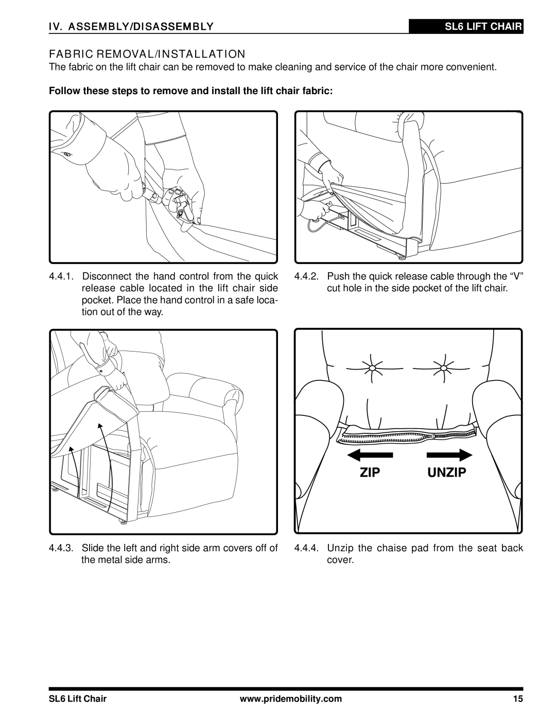 Pride Mobility SL6 manual Fabric REMOVAL/INSTALLATION 