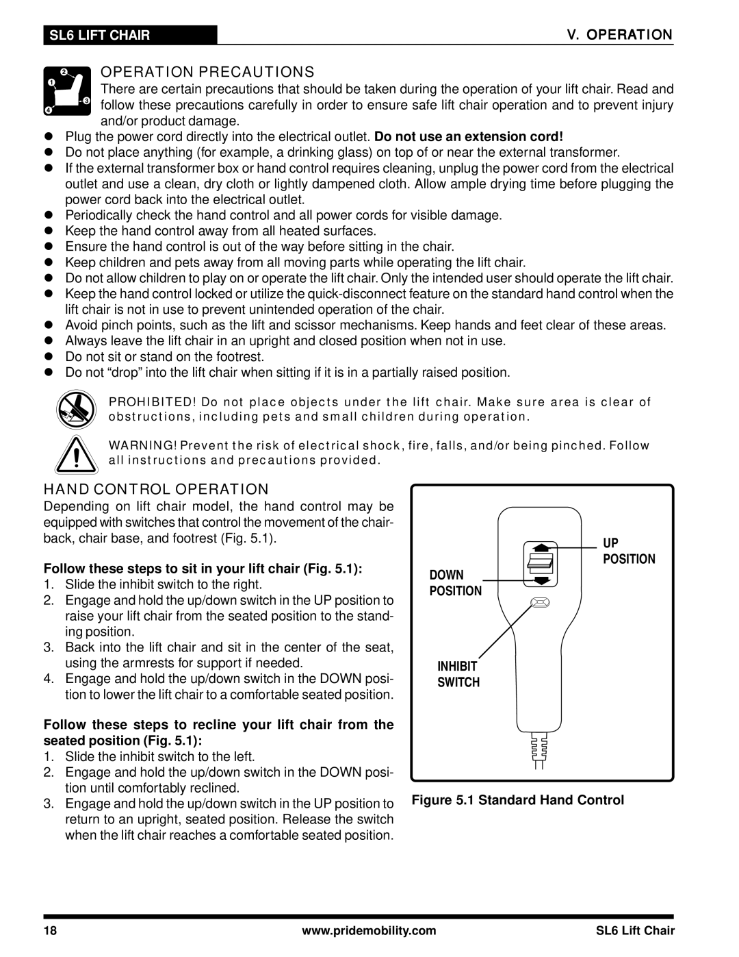 Pride Mobility manual Operation Precautions, Hand Control Operation, SL6 Lift Chair Operation 