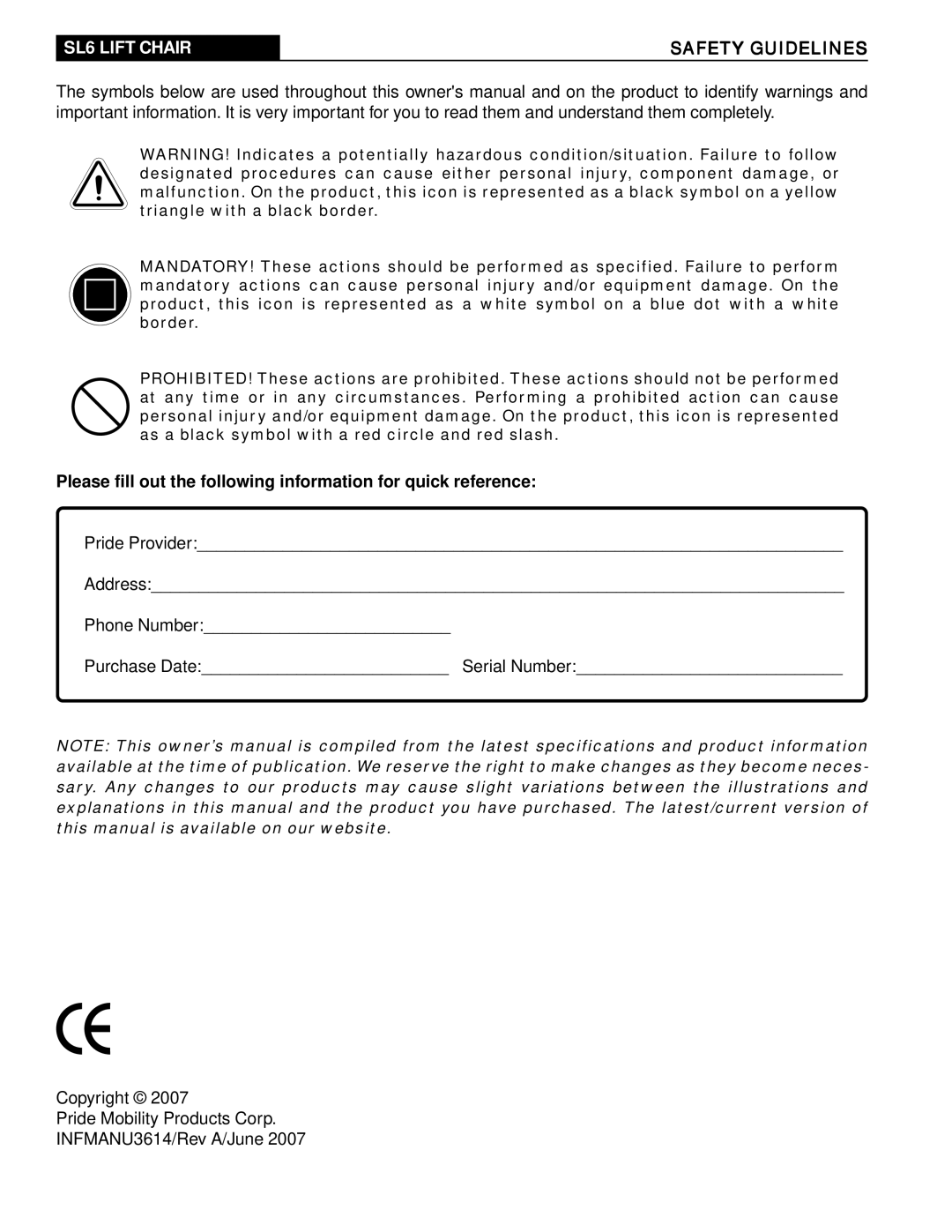 Pride Mobility manual SL6 Lift Chair Safety Guidelines 