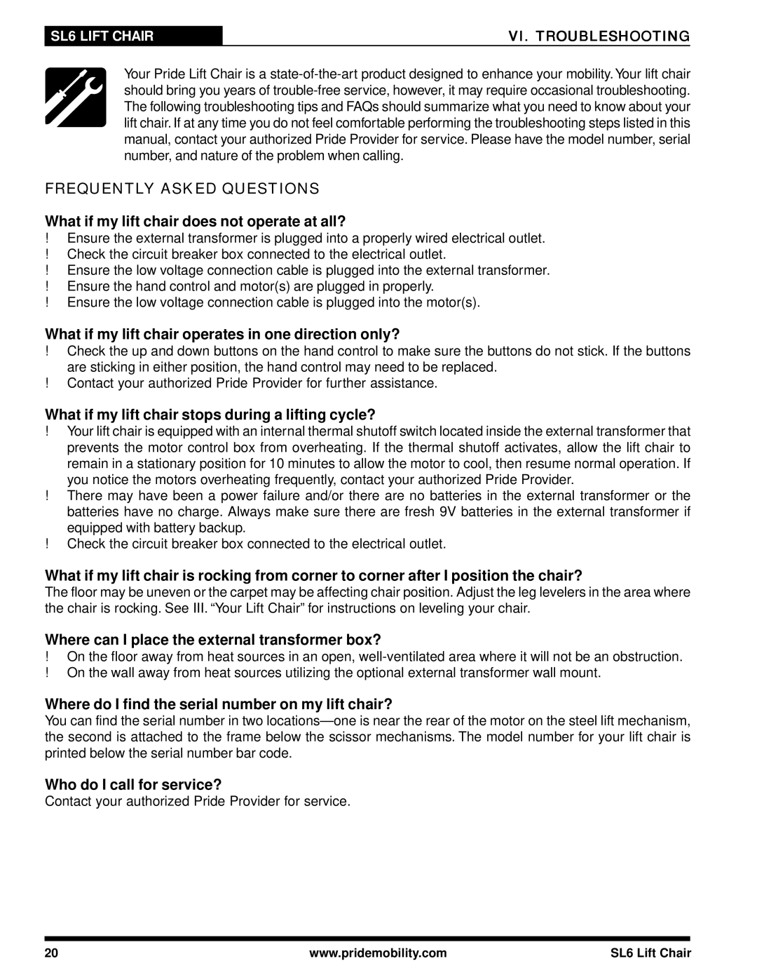 Pride Mobility manual Frequently Asked Questions, SL6 Lift Chair VI. Troubleshooting 