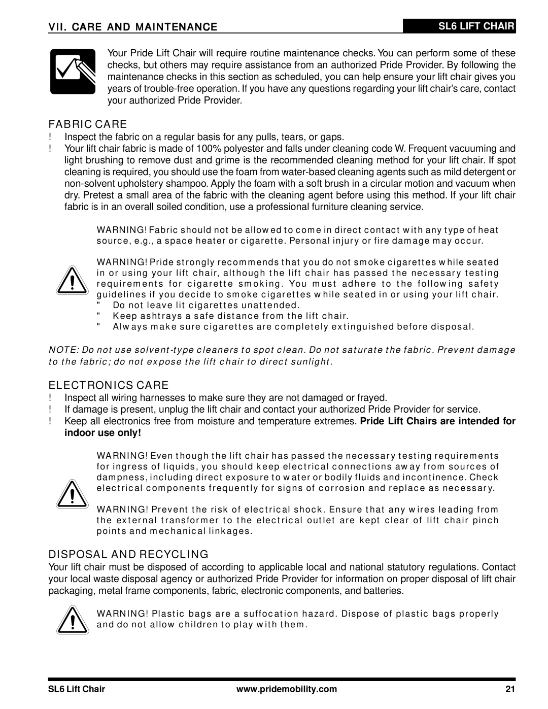 Pride Mobility SL6 manual Fabric Care, Electronics Care, Disposal and Recycling 