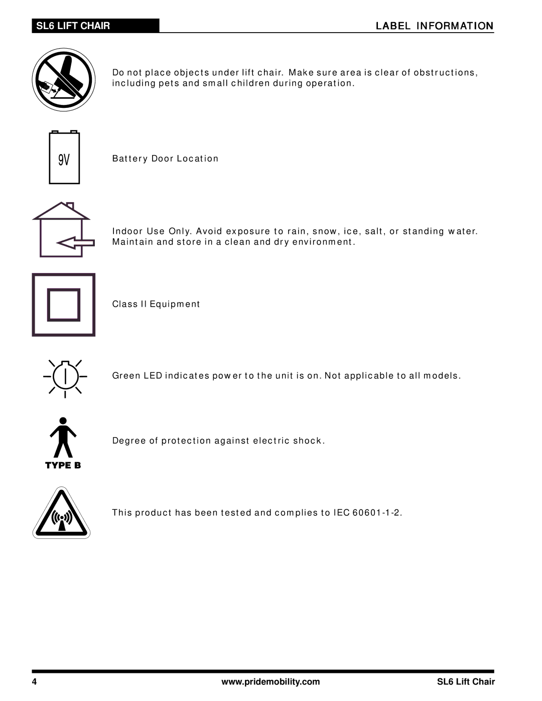 Pride Mobility manual SL6 Lift Chair Label Information 