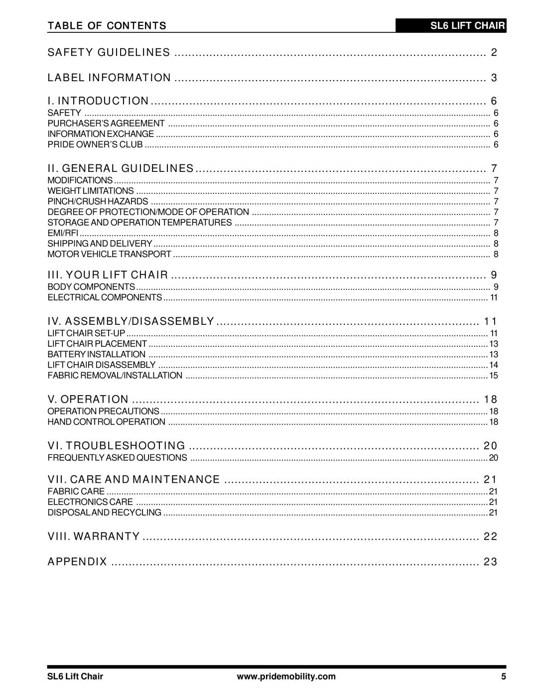 Pride Mobility SL6 manual Safety Guidelines Label Information Introduction 