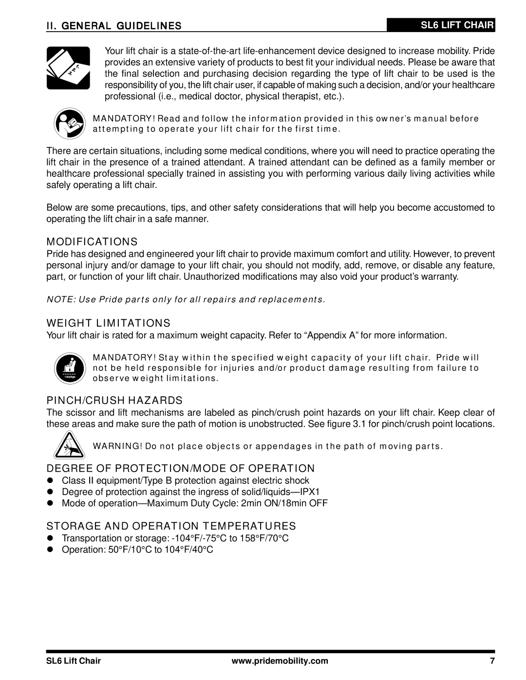 Pride Mobility SL6 manual Modifications, Weight Limitations, PINCH/CRUSH Hazards, Degree of PROTECTION/MODE of Operation 