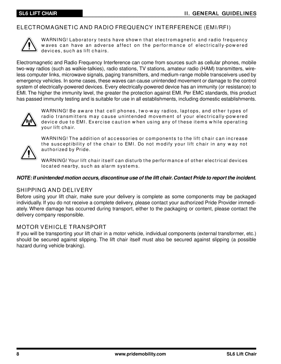 Pride Mobility SL6 manual Electromagnetic and Radio Frequency Interference EMI/RFI, Shipping and Delivery 