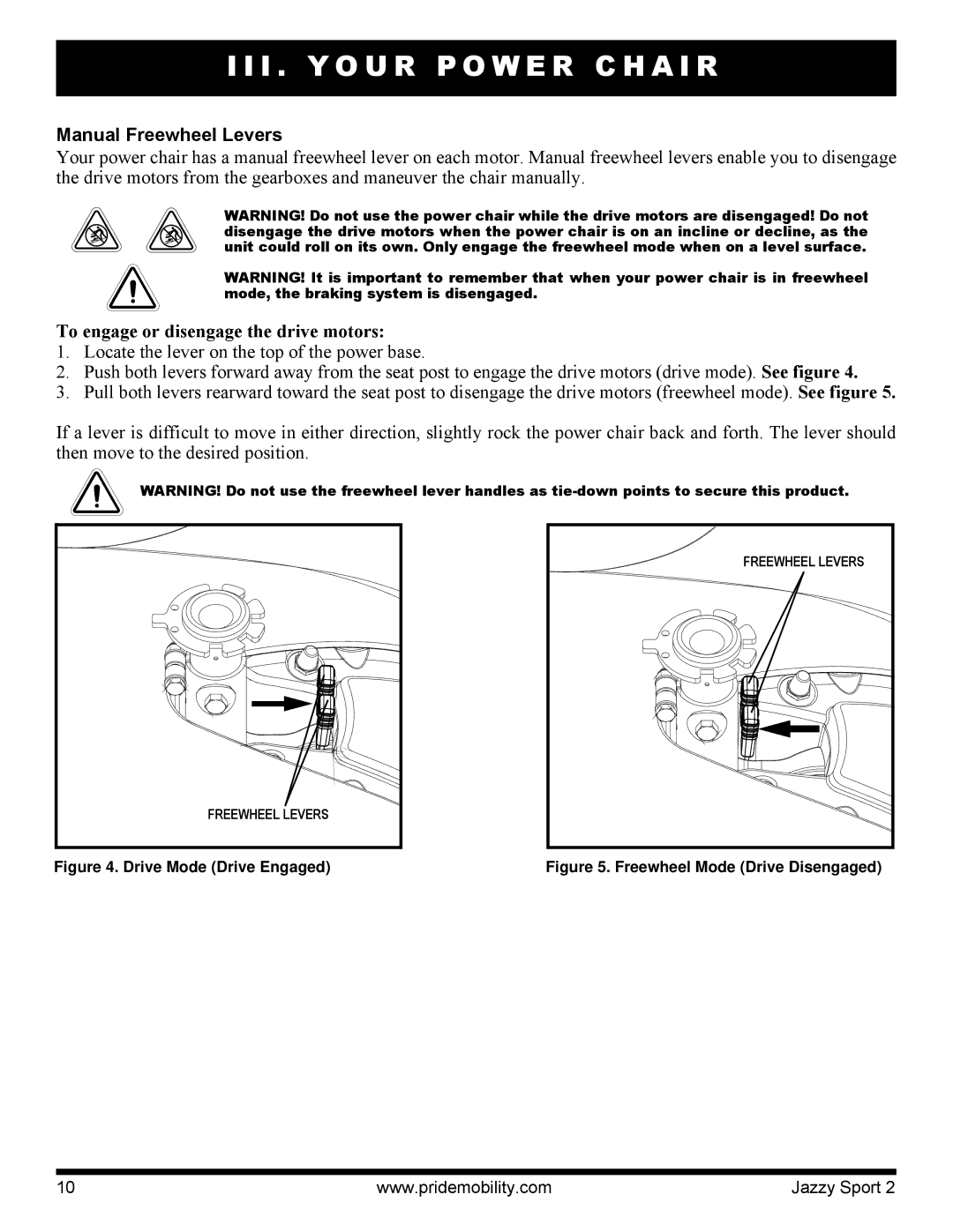 Pride Mobility Sport 2 manual Manual Freewheel Levers, To engage or disengage the drive motors 