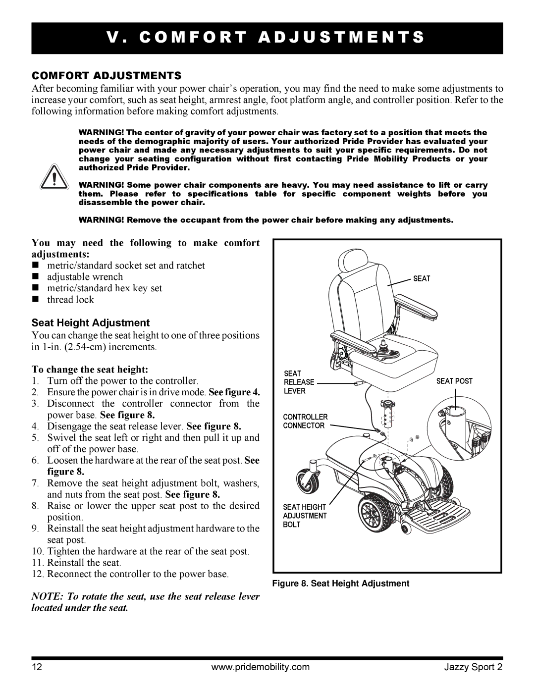 Pride Mobility Sport 2 manual O M F O R T a D J U S T M E N T S, Comfort Adjustments, Seat Height Adjustment 