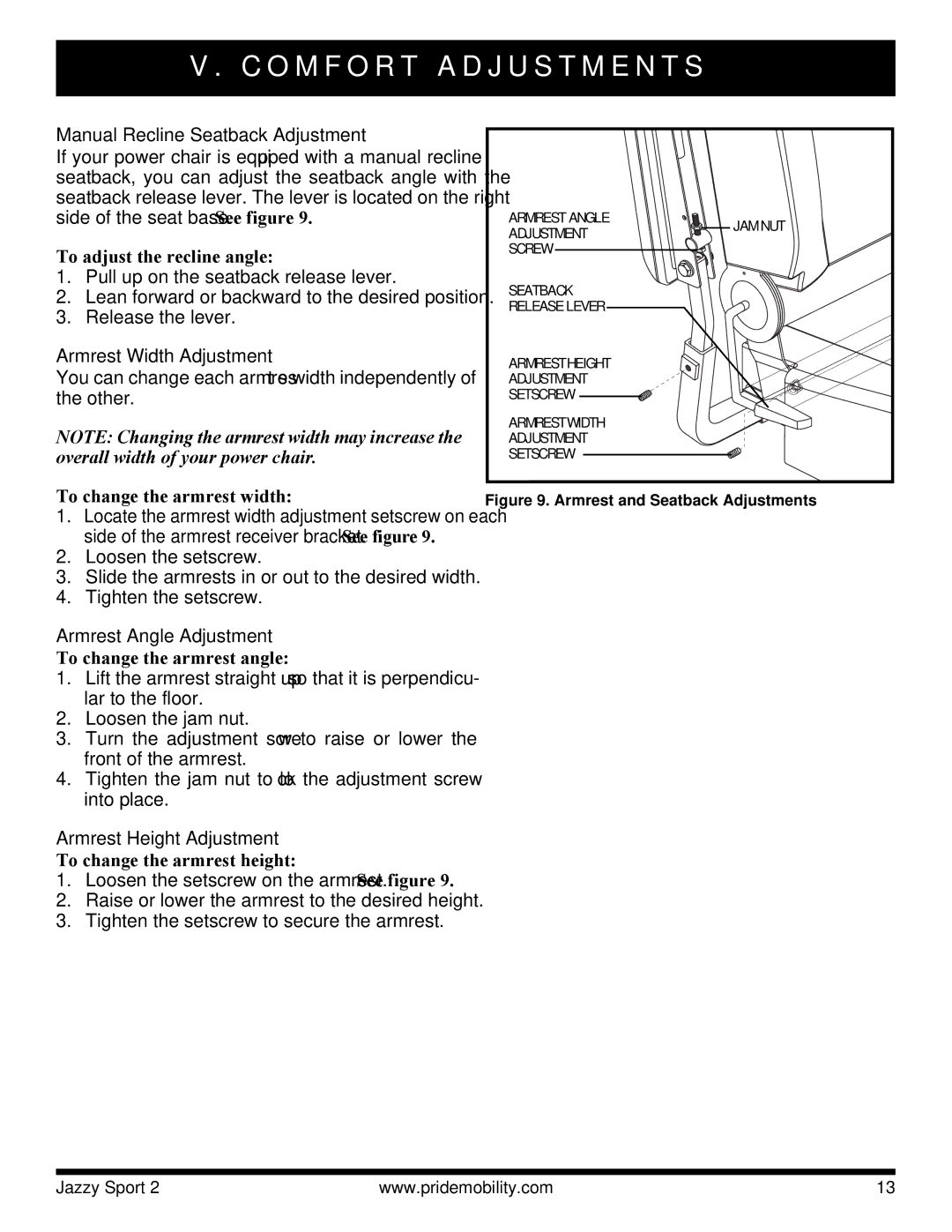 Pride Mobility Sport 2 manual Manual Recline Seatback Adjustment, Armrest Width Adjustment, Armrest Angle Adjustment 