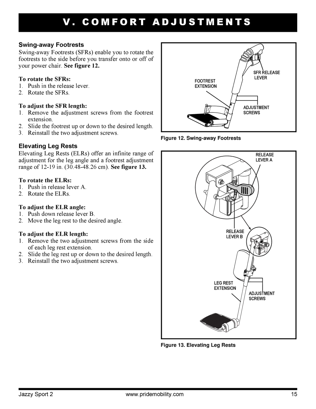 Pride Mobility Sport 2 manual Swing-away Footrests, Elevating Leg Rests 