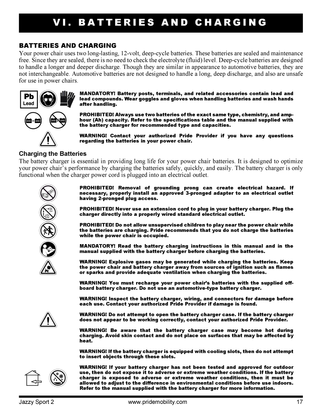 Pride Mobility Sport 2 manual B a T T E R I E S a N D C H a R G I N G, Batteries and Charging, Charging the Batteries 