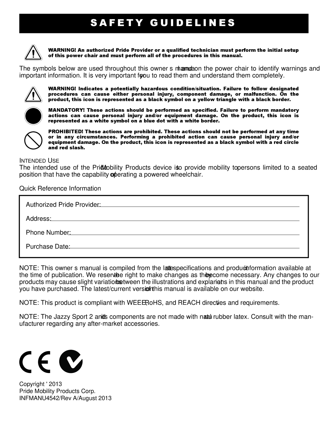 Pride Mobility Sport 2 manual F E T Y G U I D E L I N E S, Quick Reference Information 