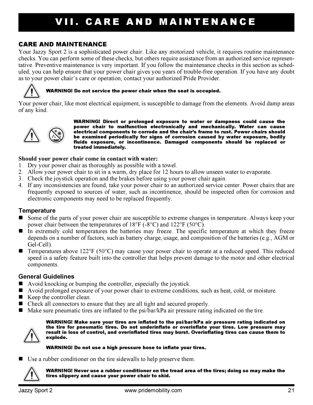 Pride Mobility Sport 2 I . C a R E a N D M a I N T E N a N C E, Care and Maintenance, Temperature, General Guidelines 