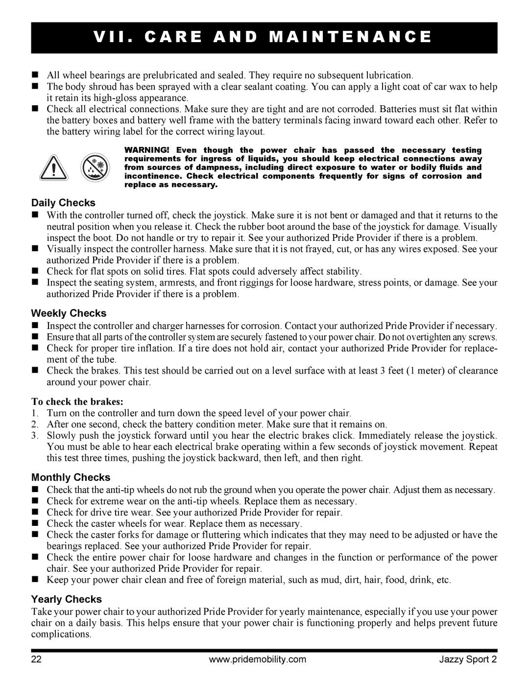 Pride Mobility Sport 2 manual Daily Checks, Weekly Checks, To check the brakes, Monthly Checks, Yearly Checks 