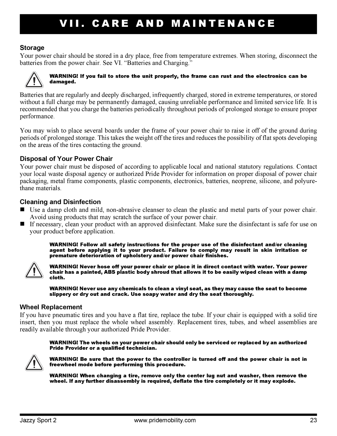 Pride Mobility Sport 2 manual Storage, Disposal of Your Power Chair, Cleaning and Disinfection, Wheel Replacement 