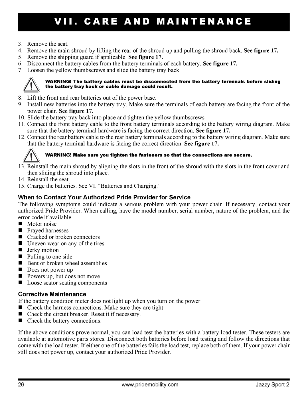 Pride Mobility Sport 2 manual When to Contact Your Authorized Pride Provider for Service, Corrective Maintenance 