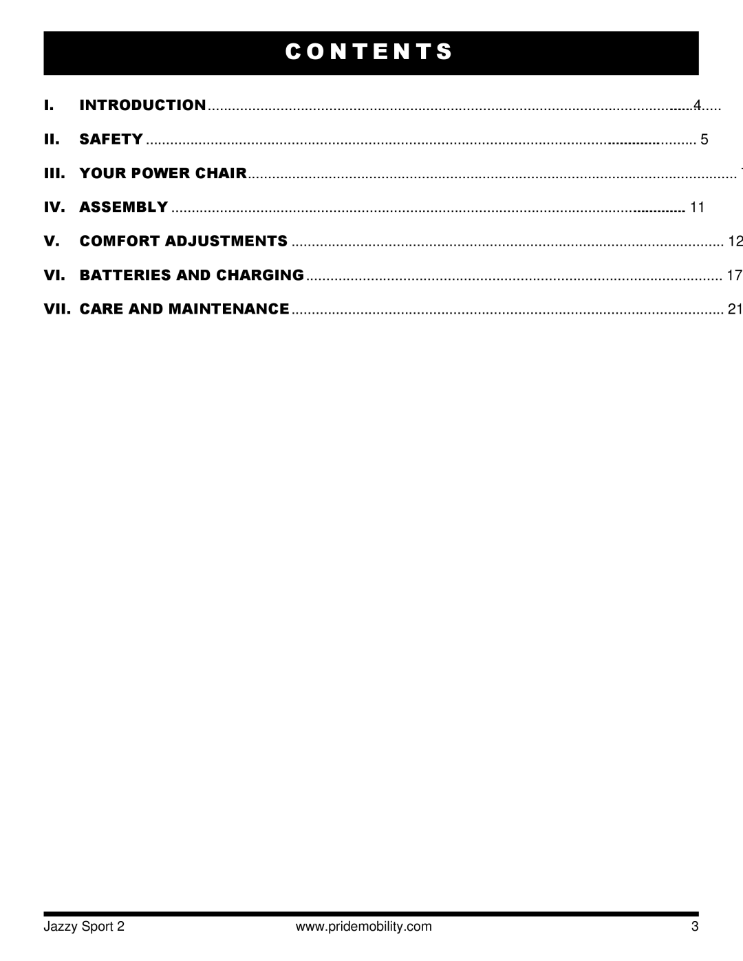 Pride Mobility Sport 2 manual N T E N T S, Iii 