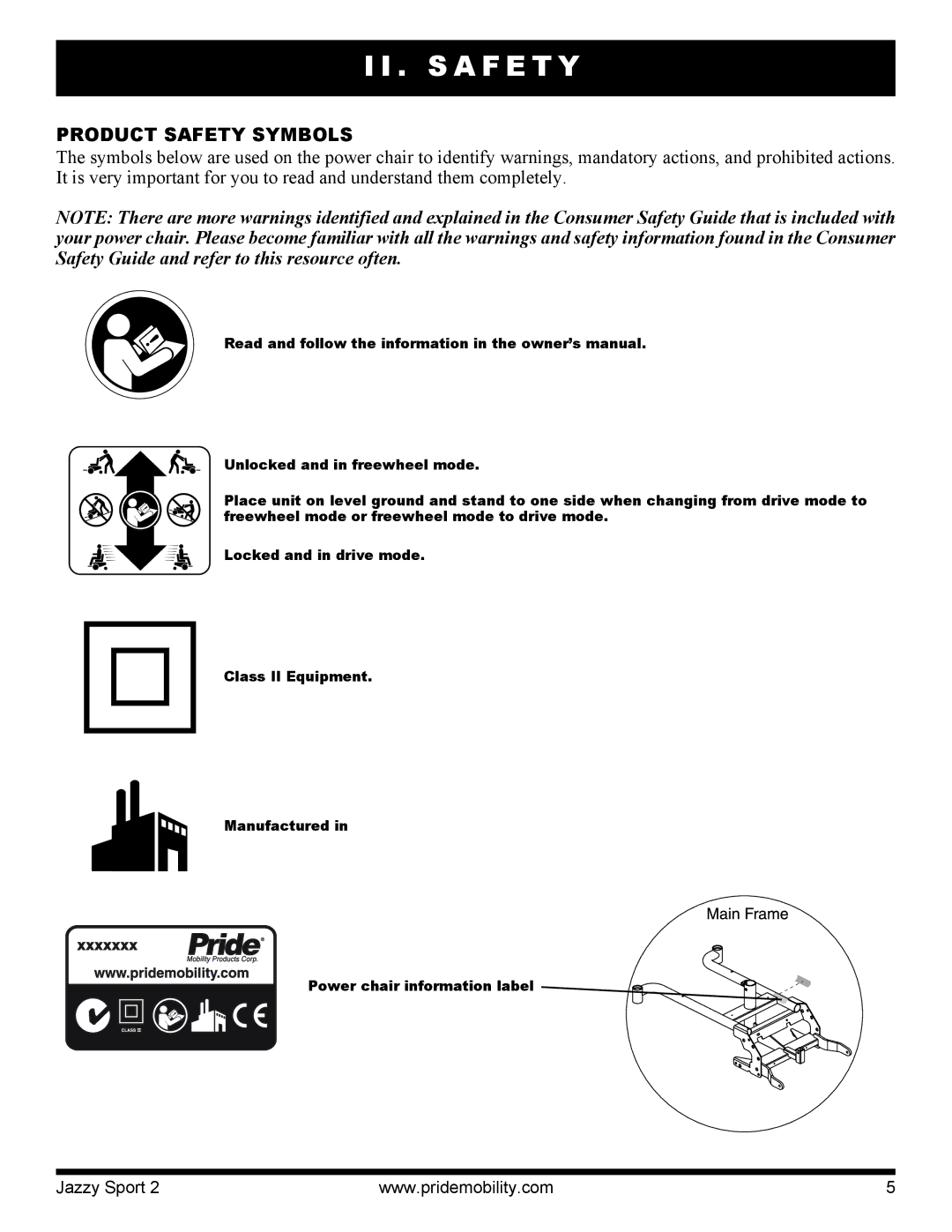 Pride Mobility Sport 2 manual S a F E T Y, Product Safety Symbols 