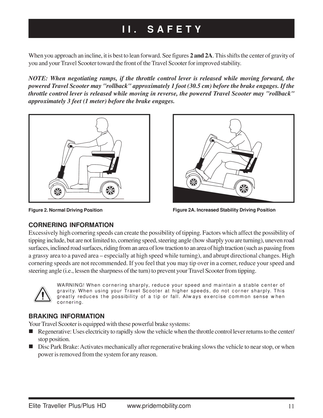 Pride Mobility Traveller Plus HD manual Cornering Information, Braking Information 