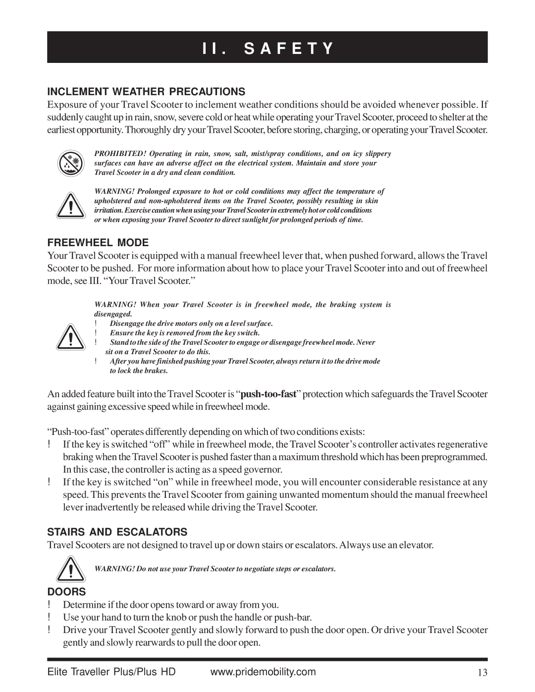 Pride Mobility Traveller Plus HD manual Inclement Weather Precautions, Freewheel Mode, Stairs and Escalators, Doors 