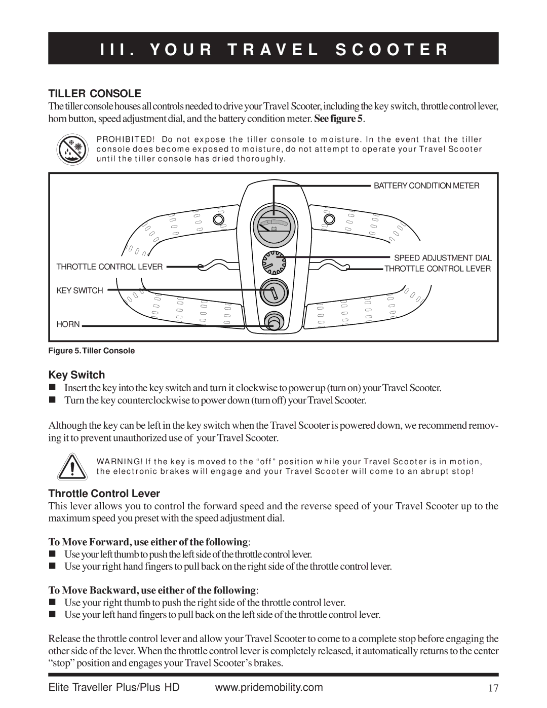 Pride Mobility Traveller Plus HD manual I . Y O U R T R a V E L S C O O T E R, Tiller Console 