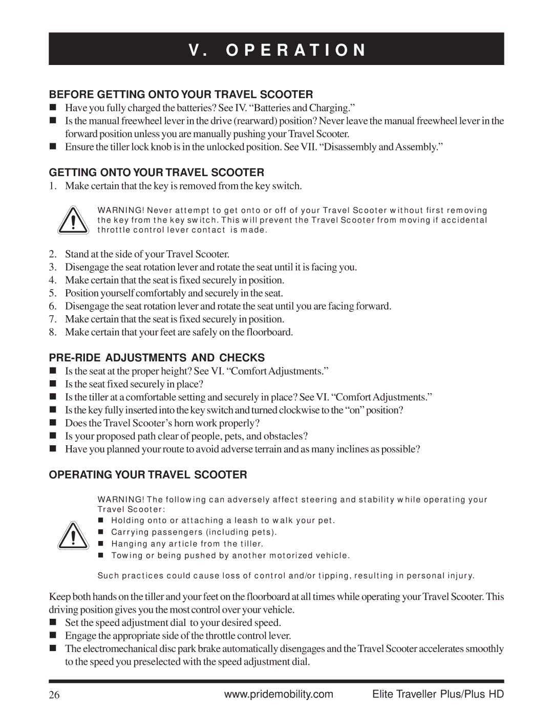 Pride Mobility Traveller Plus P E R a T I O N, Before Getting Onto Your Travel Scooter, PRE-RIDE Adjustments and Checks 