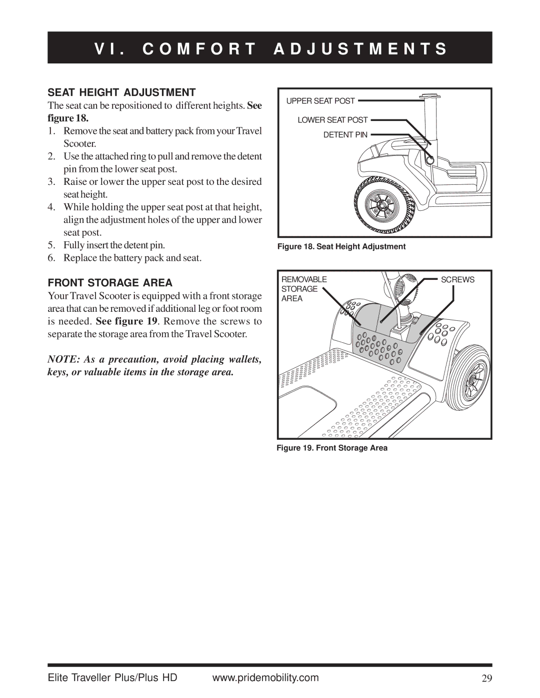 Pride Mobility Traveller Plus HD manual Seat Height Adjustment, Front Storage Area 