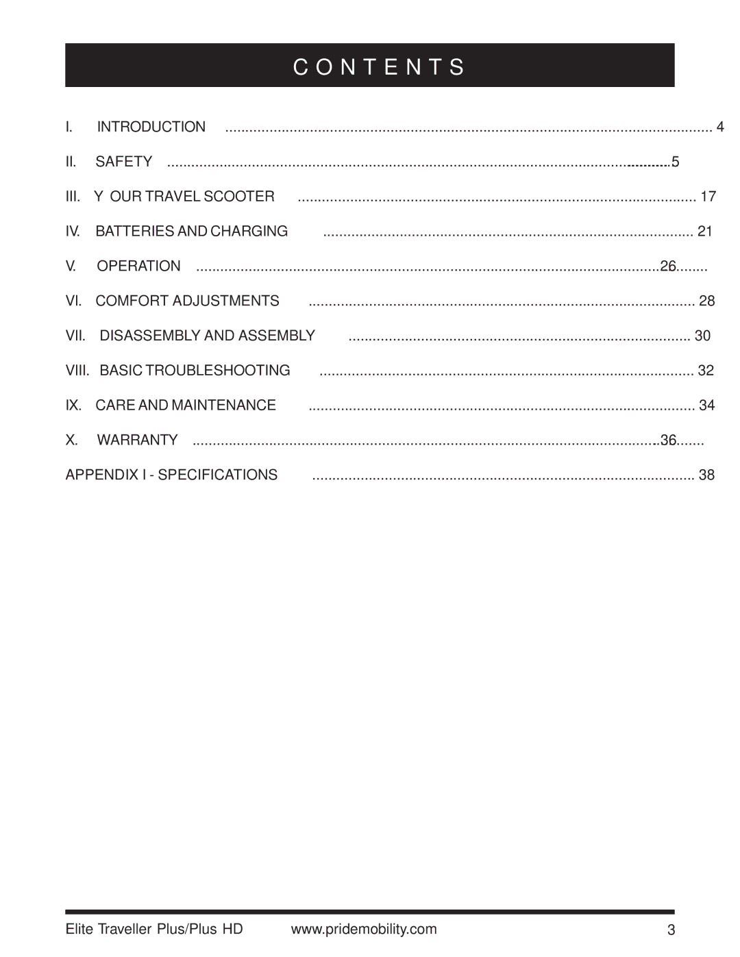 Pride Mobility Traveller Plus HD manual N T E N T S, Iii 