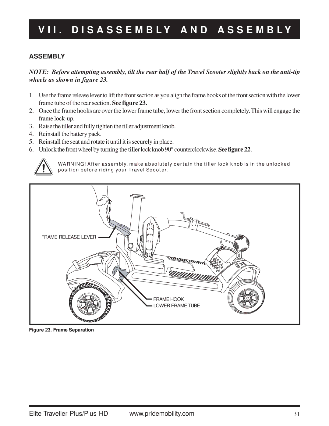 Pride Mobility Traveller Plus HD manual Assembly, Frame Separation 