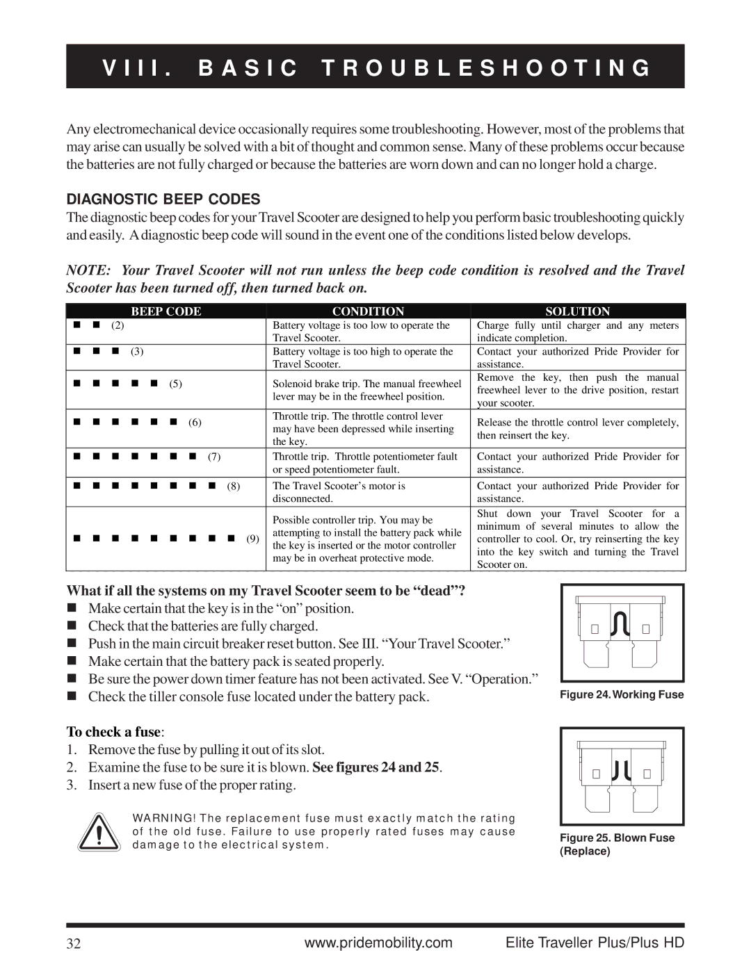 Pride Mobility Traveller Plus HD manual I I . B a S I C Troubleshooting, Diagnostic Beep Codes 