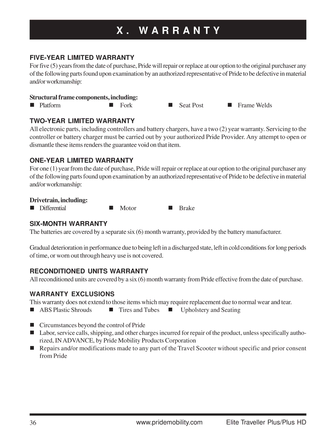 Pride Mobility Traveller Plus HD manual A R R a N T Y 