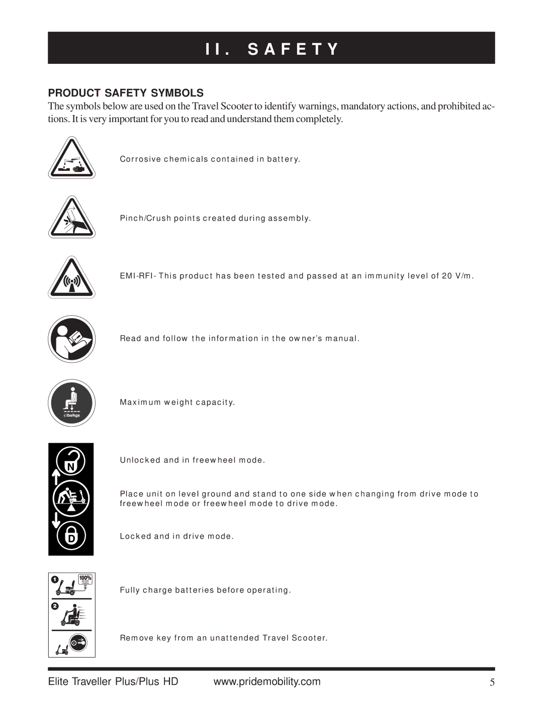 Pride Mobility Traveller Plus HD manual S a F E T Y, Product Safety Symbols 