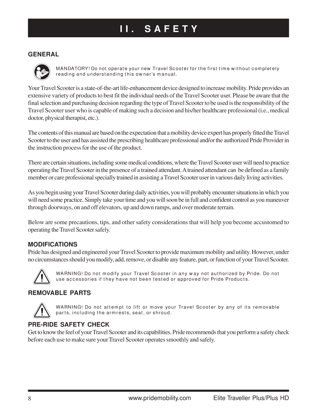 Pride Mobility Traveller Plus HD manual General, Modifications, Removable Parts PRE-RIDE Safety Check 