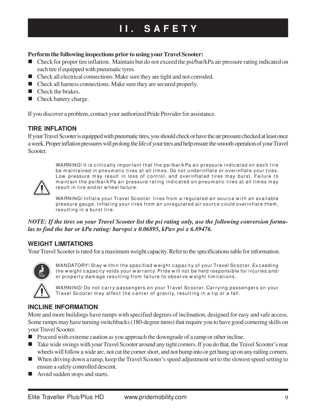 Pride Mobility Traveller Plus HD manual Tire Inflation, Weight Limitations, Incline Information 