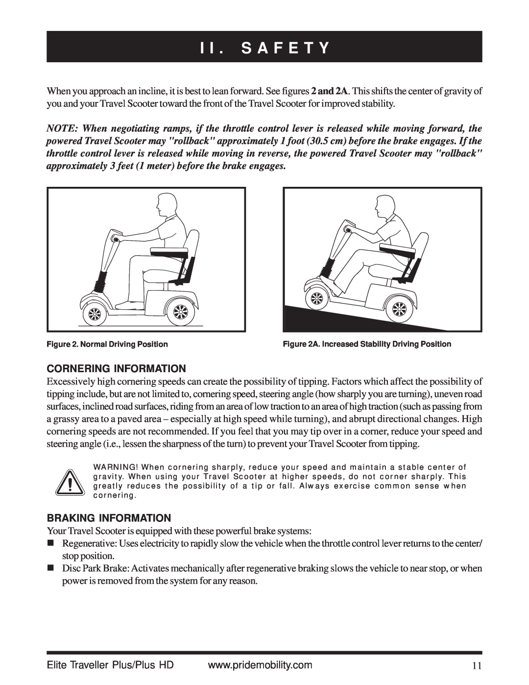 Pride Mobility Traveller Plus HD manual Cornering Information, Braking Information, I I . S A F E T Y 