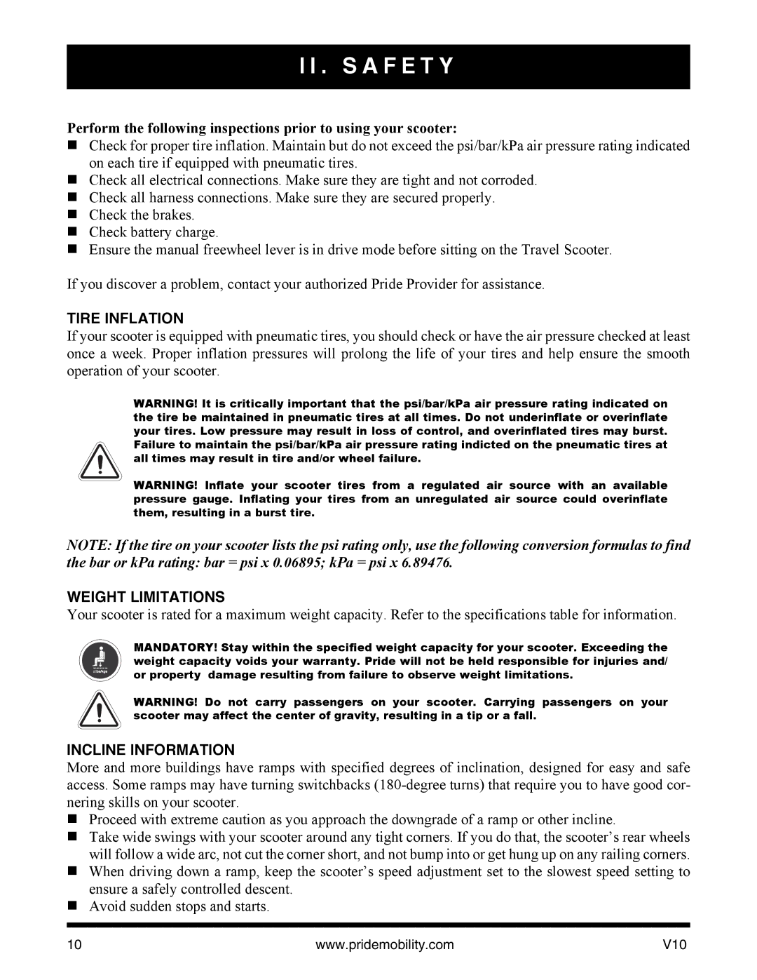 Pride Mobility v10 manual Tire Inflation, Weight Limitations, Incline Information 