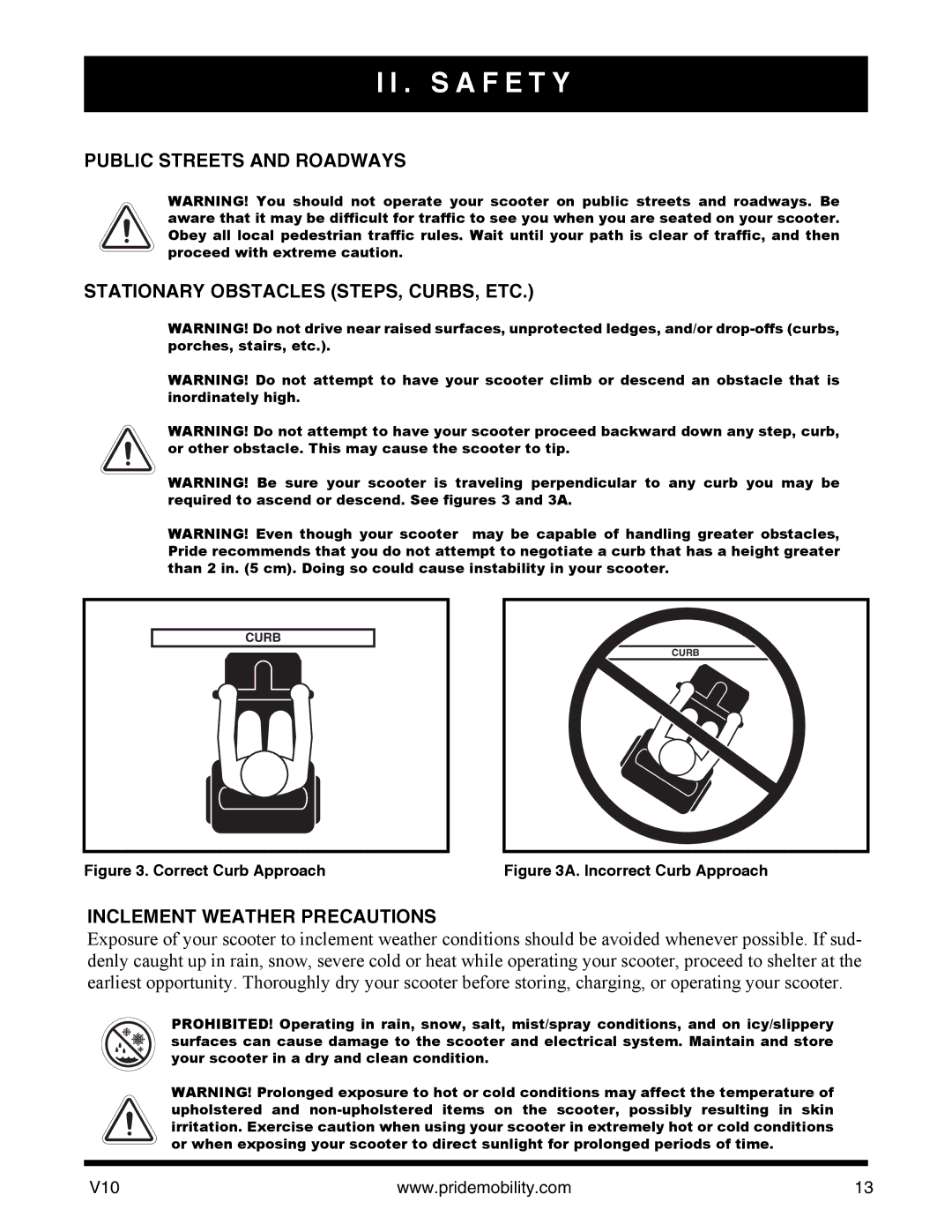 Pride Mobility v10 manual Inclement Weather Precautions, Correct Curb Approach 