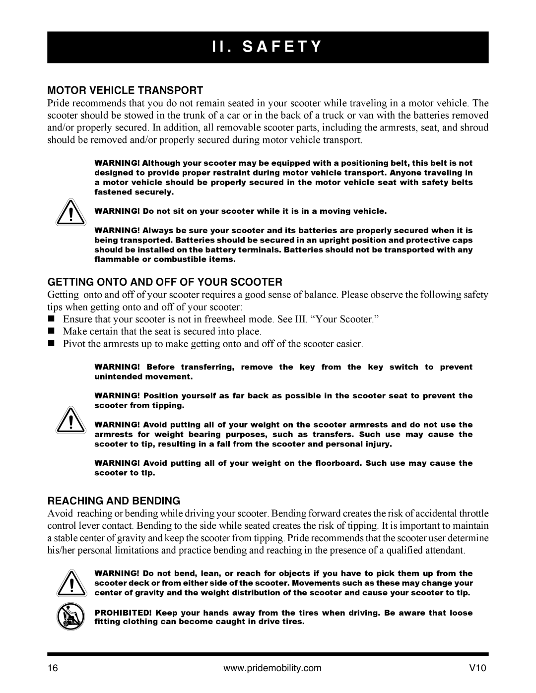 Pride Mobility v10 manual Motor Vehicle Transport, Getting Onto and OFF of Your Scooter, Reaching and Bending 