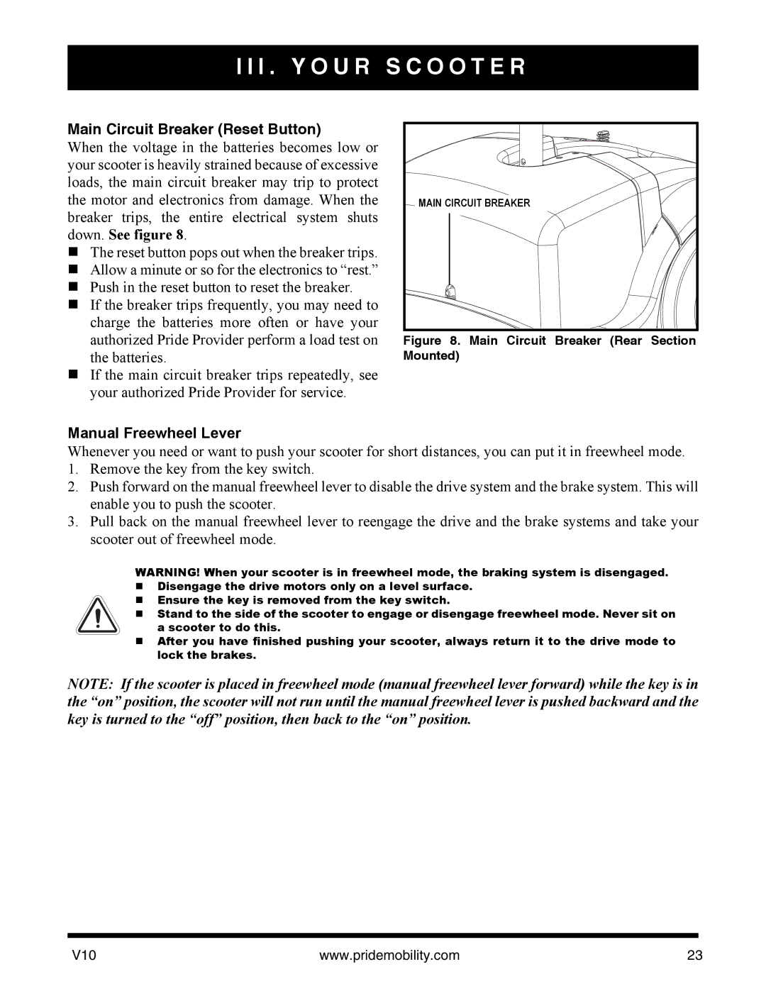 Pride Mobility v10 manual Main Circuit Breaker Reset Button 