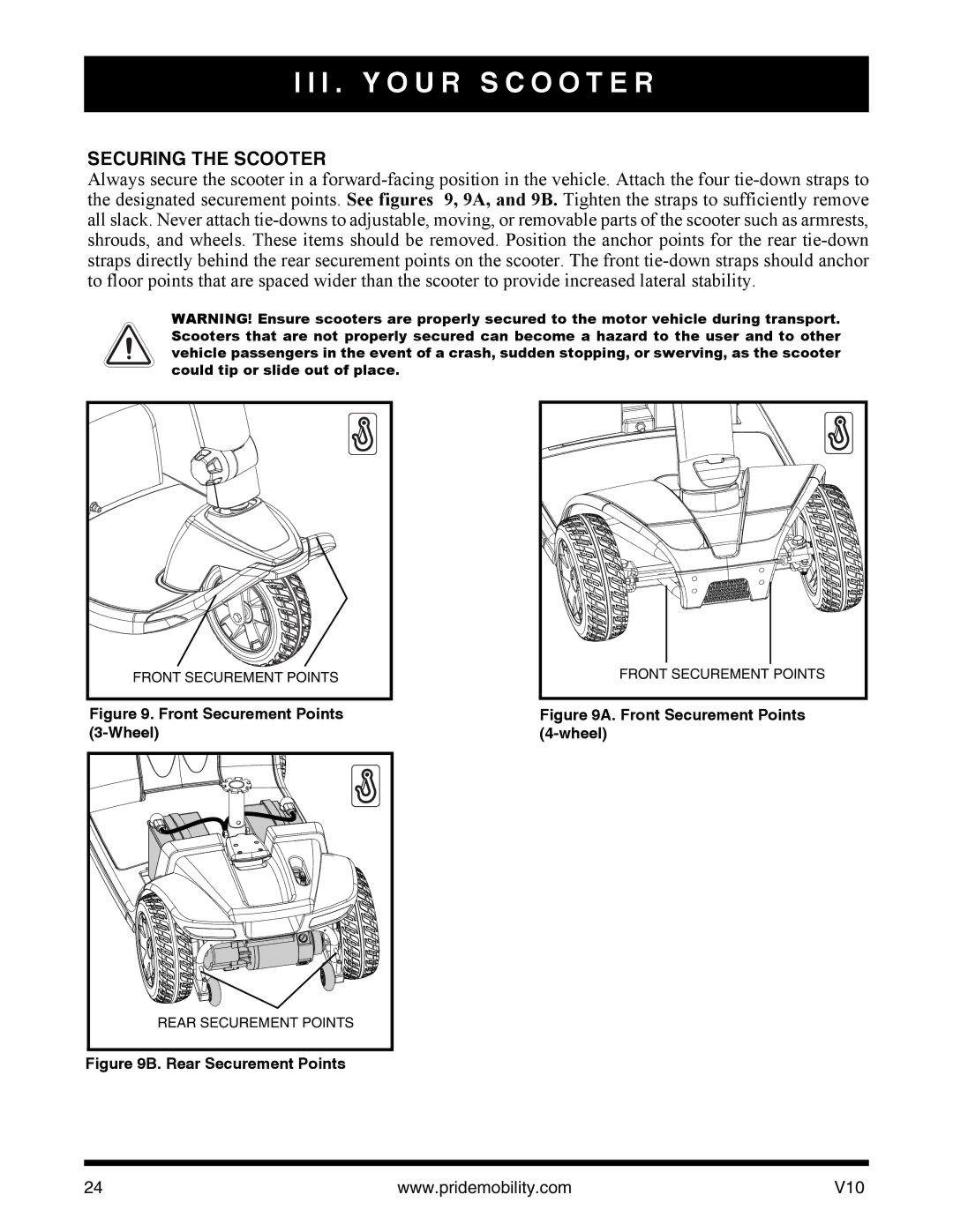 Pride Mobility v10 manual Securing the Scooter, Front Securement Points 3-Wheel 