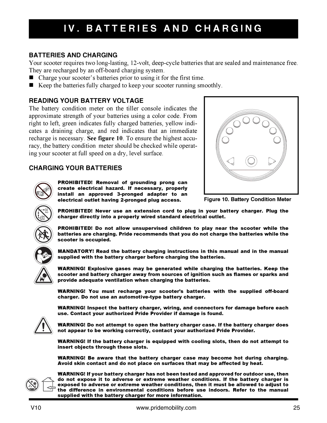 Pride Mobility v10 manual B a T T E R I E S a N D C H a R G I N G, Batteries and Charging, Reading Your Battery Voltage 