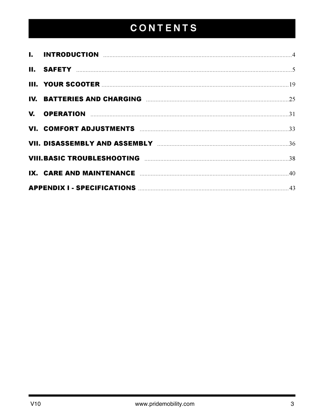 Pride Mobility v10 manual N T E N T S 