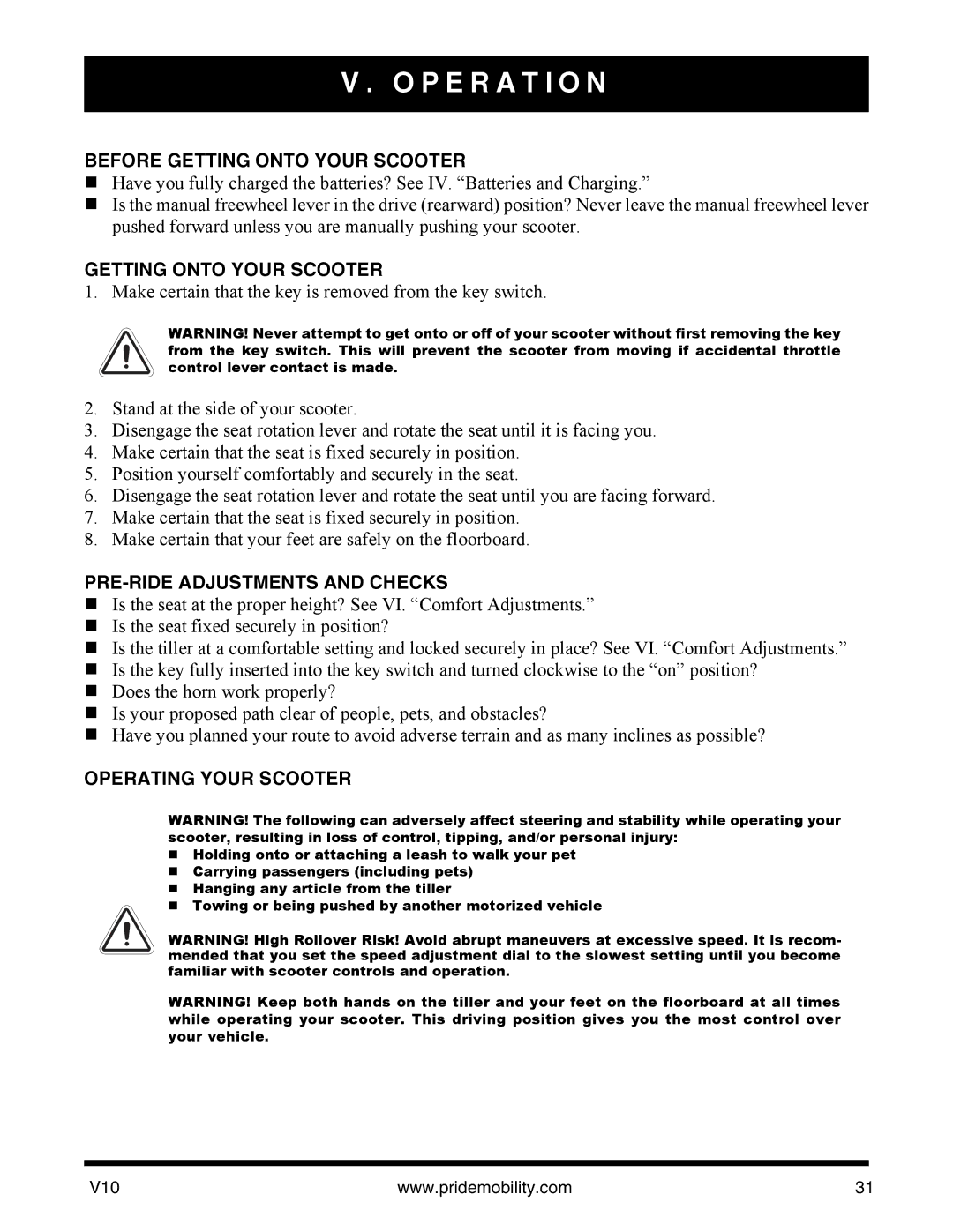 Pride Mobility v10 manual P E R a T I O N, Before Getting Onto Your Scooter, PRE-RIDE Adjustments and Checks 